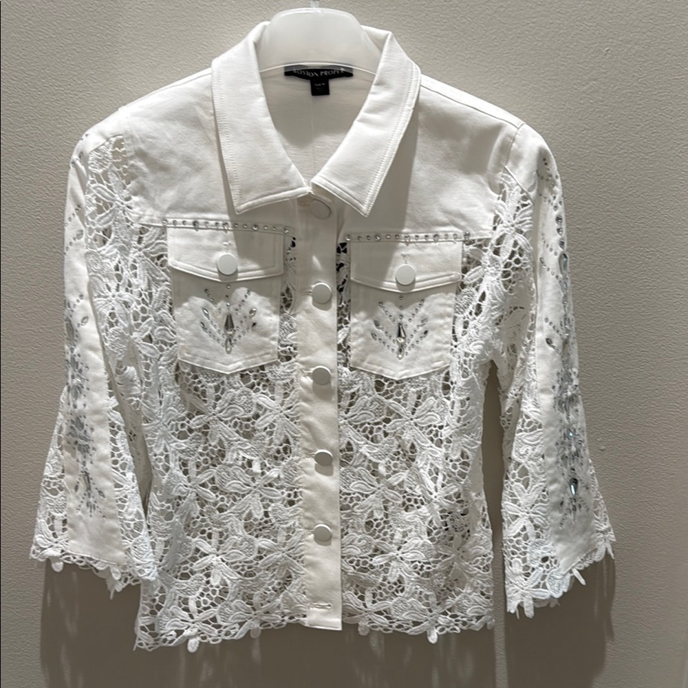 Boston Proper White Embellished Lace Jacket Top